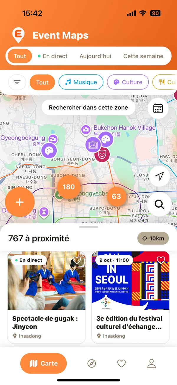 L'écran Carte d'Event Maps : les événements autour de soi, par catégorie